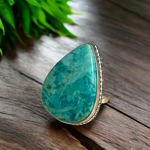 Teardrop Blue Chrysocolla Silver Ring Size 7.5 Empowerment Stone